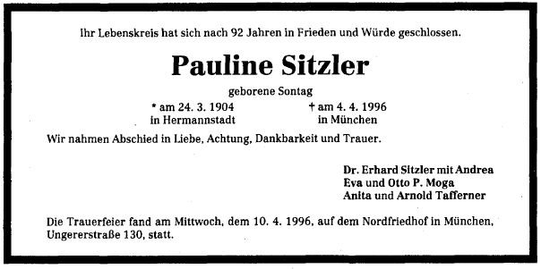 Sonntag Pauline 1904-1996 Todesanzeige